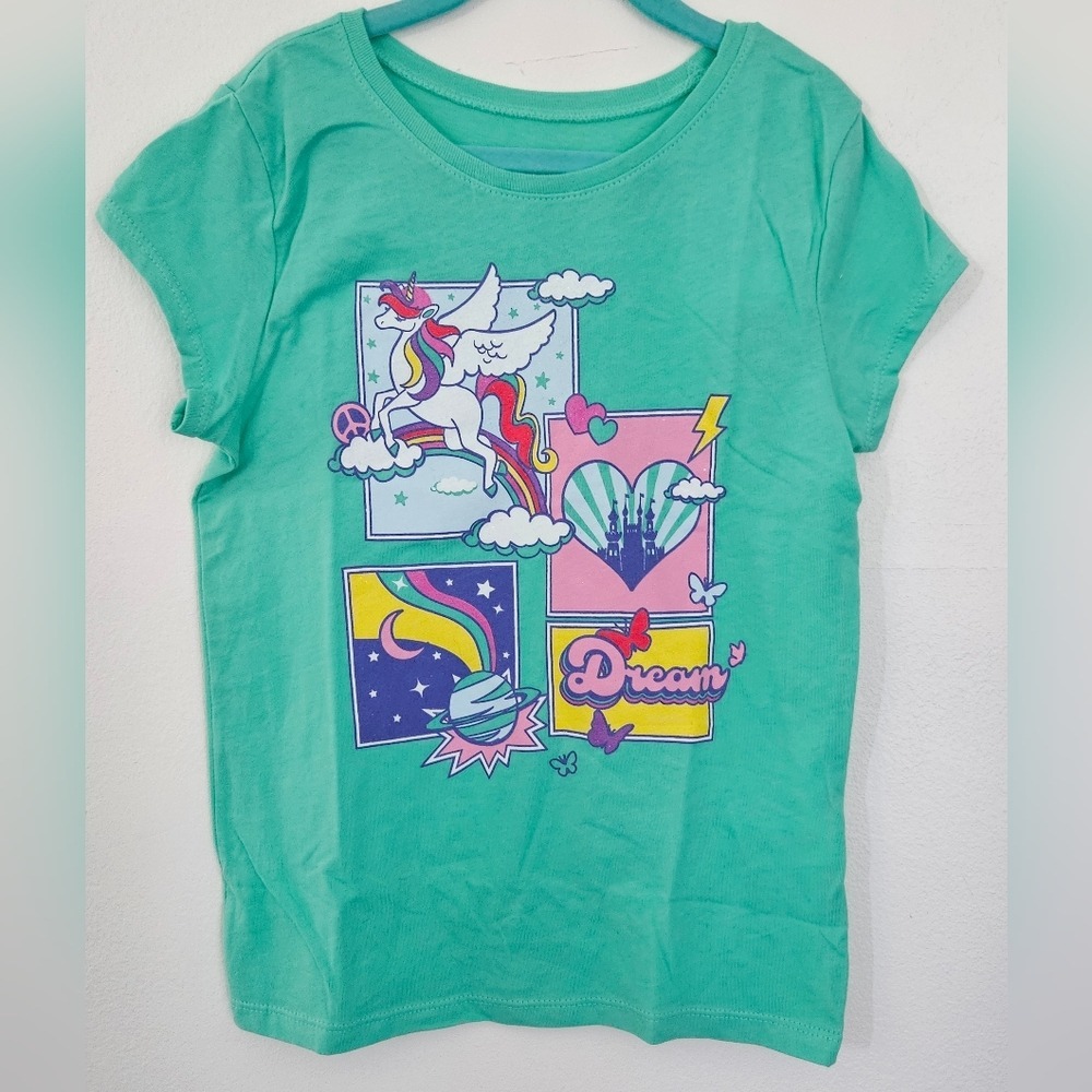 Children's Place‎ Turquoise Unicorn Rainbow Dream Graphic T-Shirt Size M 7/8 NWT